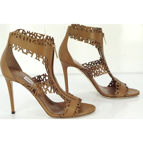 Jimmy Choo Brown Laser Cut Out Megan T Strap Zip Top Sandals - Picture 10 of 10